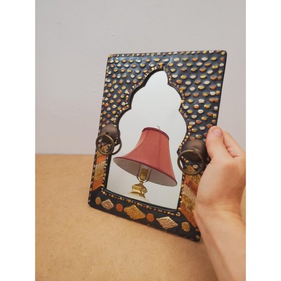 Vintage Moroccan Wall Hanging Mirror Brass Copper Silver Metal Glass One-Off - Picture 10 of 10